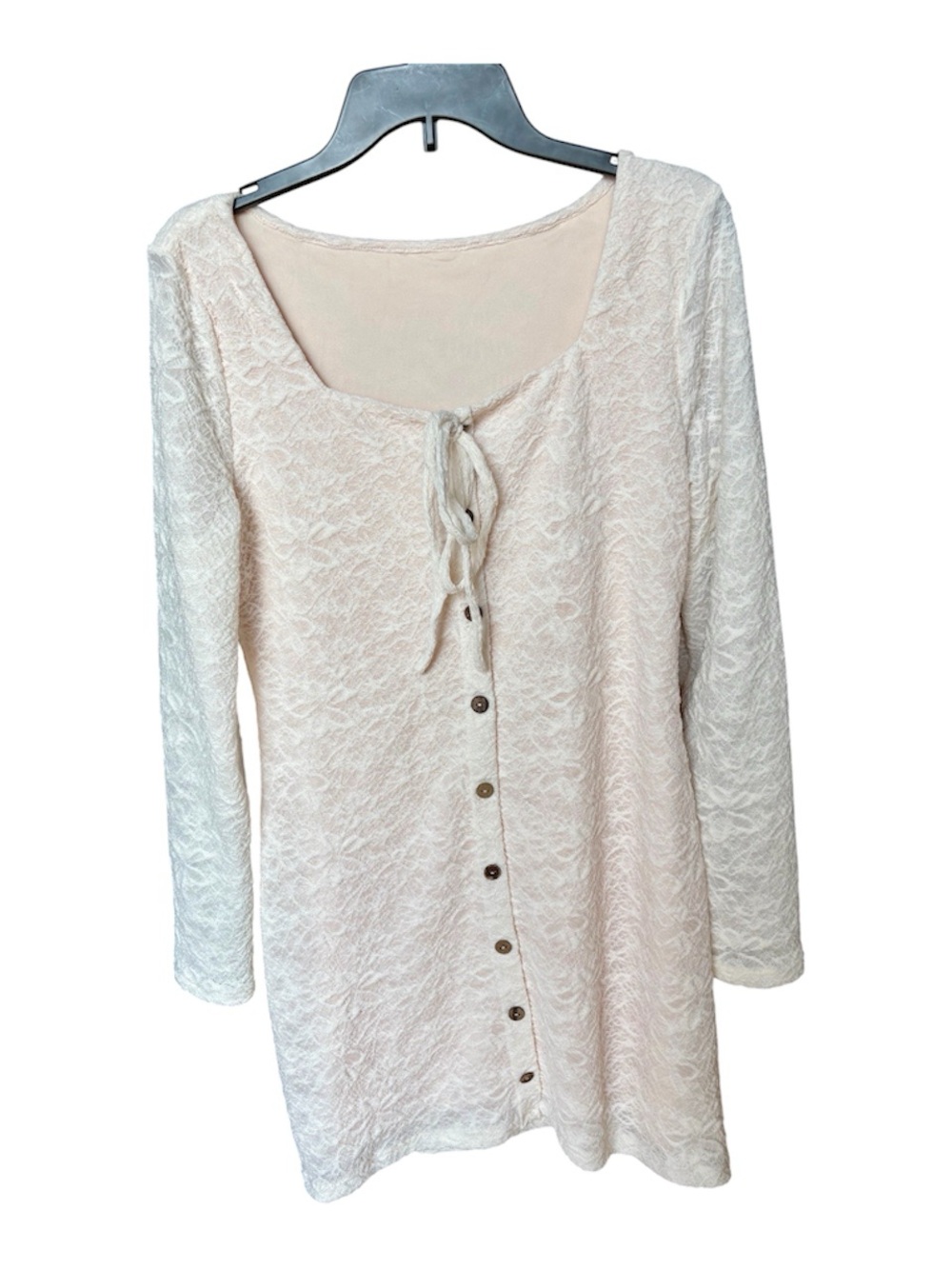 SHEIN Cream Lace Long Sleeve Dress with Front Buttons and Tie